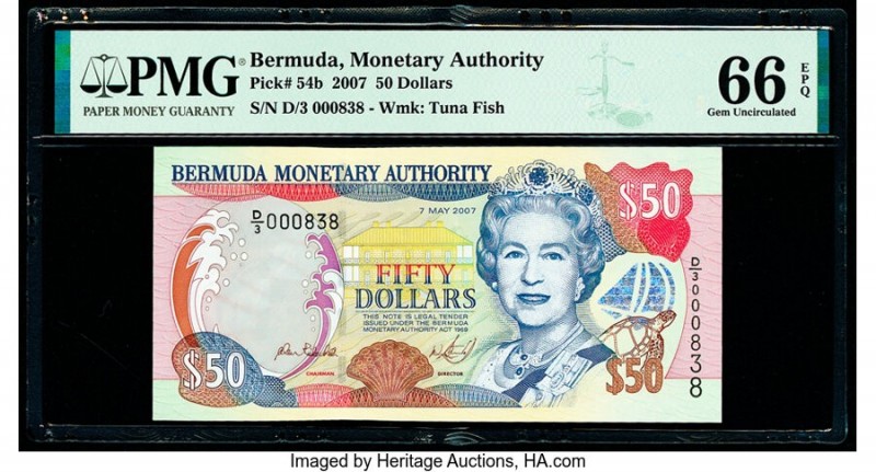 Bermuda Monetary Authority 50 Dollars 7.5.2007 Pick 54b PMG Gem Uncirculated 66 ...