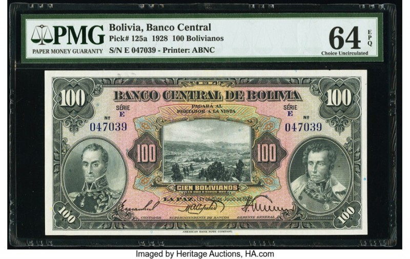 Bolivia Banco Central 100 Bolivianos 20.7.1928 Pick 125a PMG Choice Uncirculated...