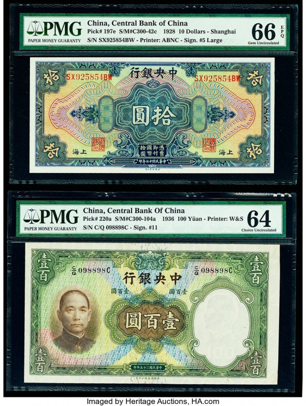 China Central Bank of China 10 Dollars; 100 Yuan 1928; 1936 Pick 197e; 220a Two ...