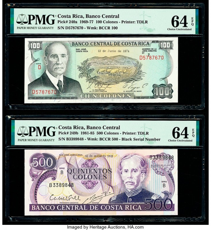 Costa Rica Banco Central de Costa Rica 100; 500 Colones 12.6.1974; 18.5.1982 Pic...