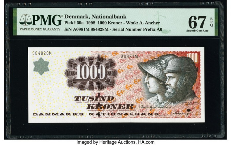 Denmark National Bank 1000 Kroner 1998 Pick 59a PMG Superb Gem Unc 67 EPQ. 

HID...