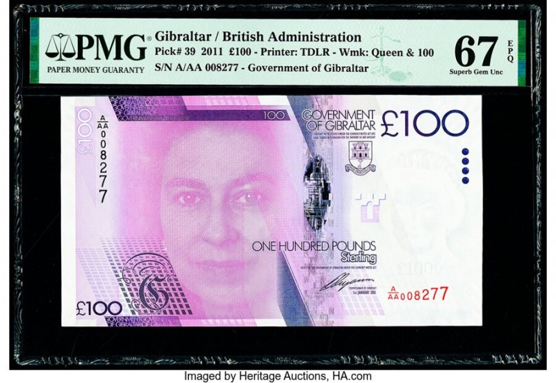 Gibraltar Government of Gibraltar 100 Pounds 1.1.2011 Pick 39 PMG Superb Gem Unc...