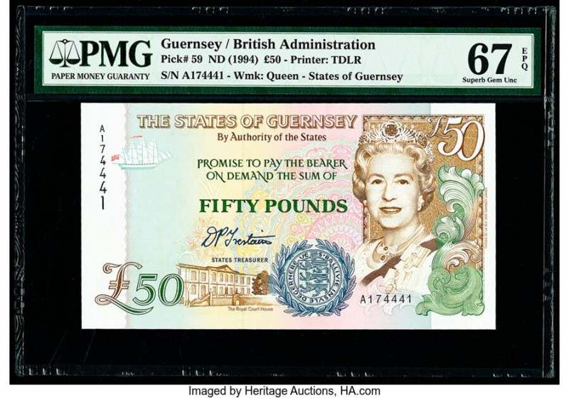 Guernsey States of Guernsey 50 Pounds ND (1994) Pick 59 PMG Superb Gem Unc 67 EP...