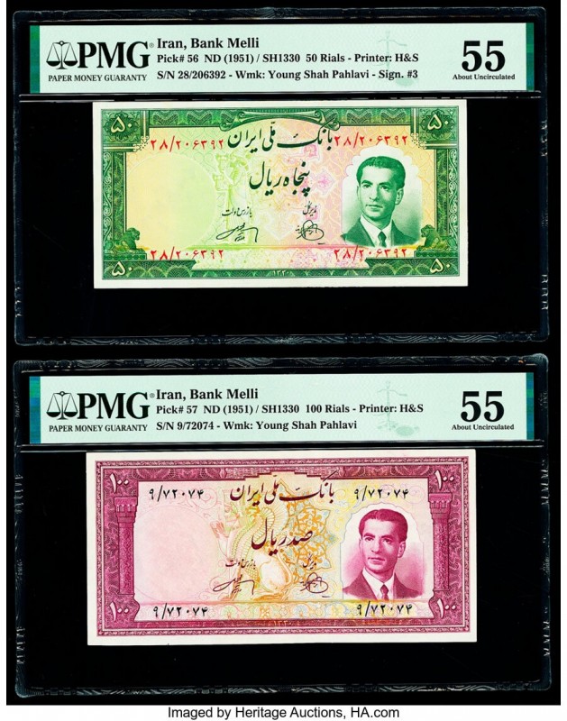 Iran Bank Melli 50; 100 Rials ND (1951) / SH1330 Pick 56; 57 Two Examples PMG Ab...