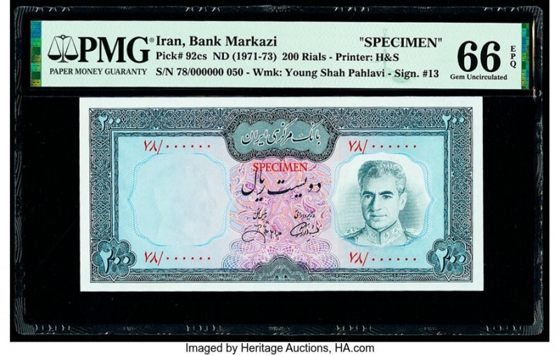 Iran Bank Markazi 200 Rials ND (1971-73) Pick 92cs Specimen PMG Gem Uncirculated...
