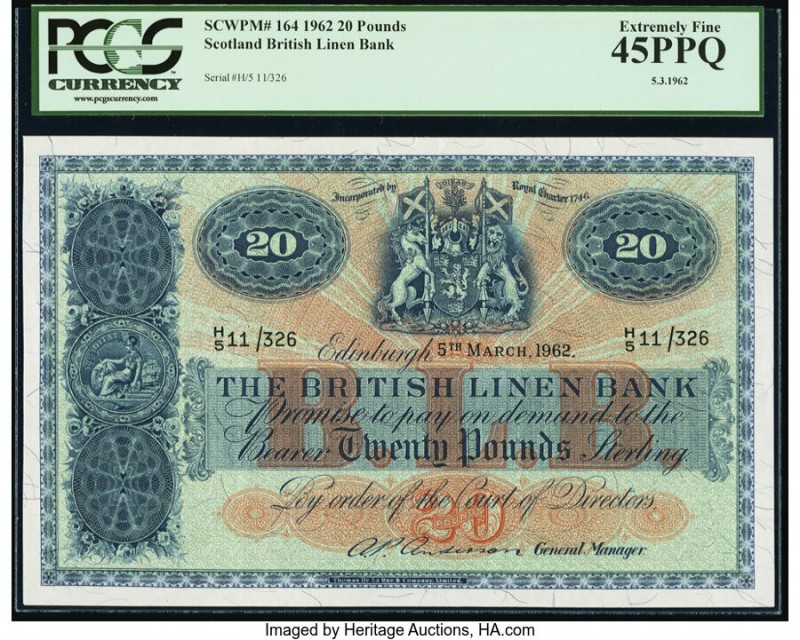 Scotland British Linen Bank 20 Pounds 5.3.1962 Pick 164 PCGS Extremely Fine 45PP...