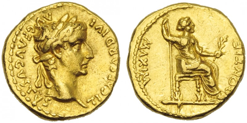 Tiberius (14-37), Aureus, Lugdunum, AD 14-37; AV (g 7,68; mm 18; h 4); TI CAESAR...