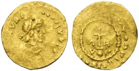 Merovingians, Tremissis in the name of Maurice Tiberius, Arelatum (Arles, Bouches-du-Rhône), c. AD 600-620