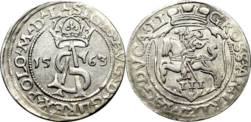Sigismund II Augustus, 3 groschen 1563, Vilnius - L/LI Ładny egzemplarz z lekko ...