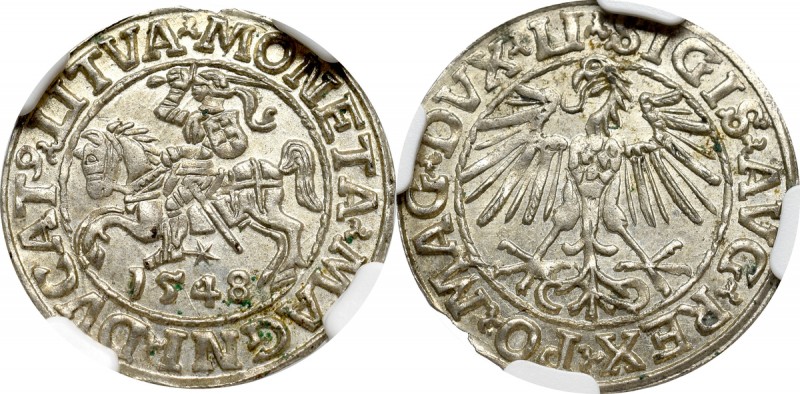 Sigismund II Augustus, Halfgroat 1548, Vilnius - LI/LITVA NGC MS64 Menniczy egze...