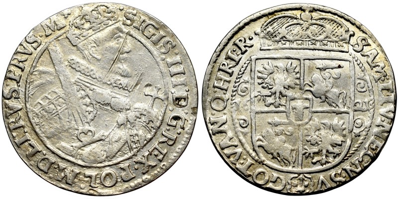 Sigismund III, 18 groschen 1621 PRVS M, Bromberg Ładny egzemplarz. Odmiana z koń...