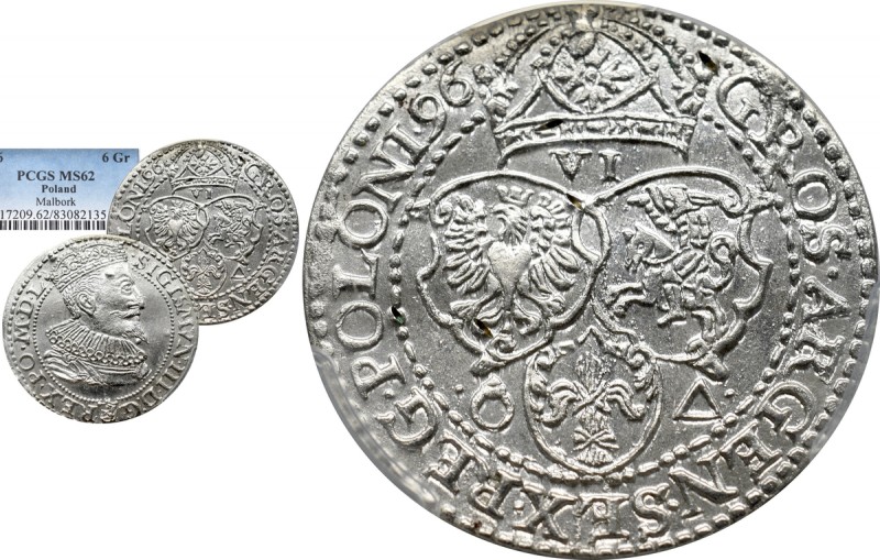 Sigismundus III, 6 groschen 1596, Marienburg - PCGS MS62 Piękny egzemplarz szóst...