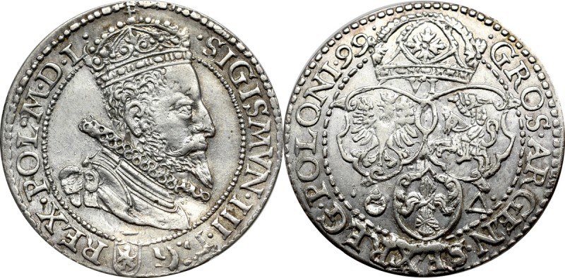 Sigismund III, 6 groschen 1599, Marienburg Bardzo ładny egzemplarz szóstaka malb...
