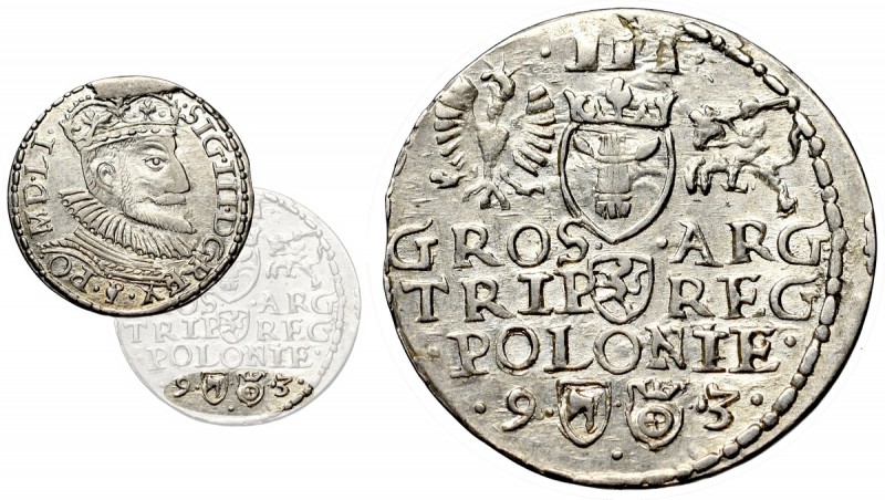 Sigismund III, 3 groschen 1593, Olcusia - rare Bardzo rzadki typ trojaków olkusk...