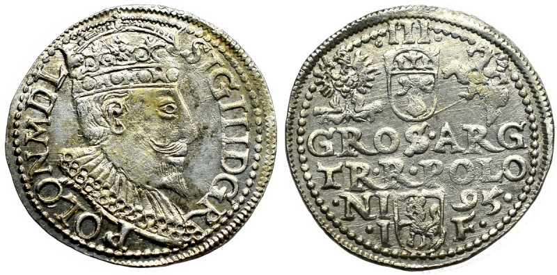 Sigismund III, 3 groschen 1595, Olcusia Piękny, menniczy egzemplarz. Awers: popi...