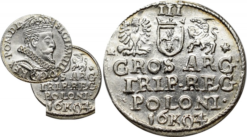 Sigismund III, 3 groschen 1604, Cracow Piękny, okołomenniczy egzemplarz z bardzo...