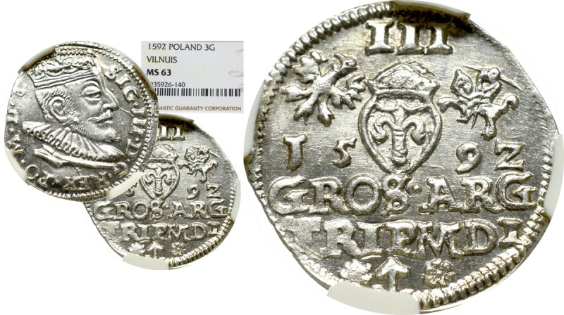 Sigismund III, 3 groschen 1592, Vilnius - NGC MS63 Wyśmienity, menniczy egzempla...