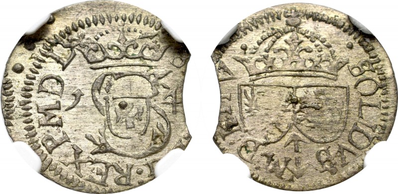 Sigismund III, Schilling 1614, Vilnius - NGC MS61 Menniczy egzemplarz. Awers: W ...