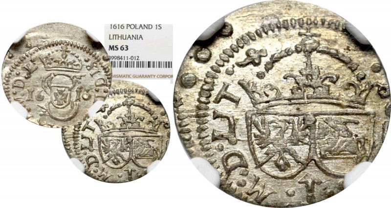 Sigismund III, Schilling 1616, Vilnius - NGC MS63 Menniczy egzemplarz. Moneta do...