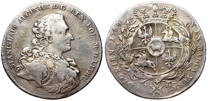 Stanislaus Augustus, Thaler 1766 F.S. Ładny, obiegowy egzemplarz. Ślady wygrzani...