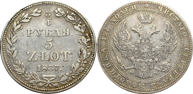 Poland under Russia, Nicholas I, 3/4 rouble=5 zloty 1837 Warsaw Obiegowy egzempl...