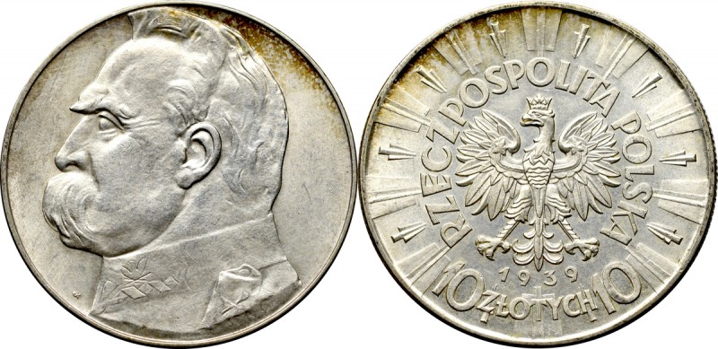 II Republic of Poland, 10 zloty 1939 Pilsudski Przepiękny egzemplarz z zegarowym...