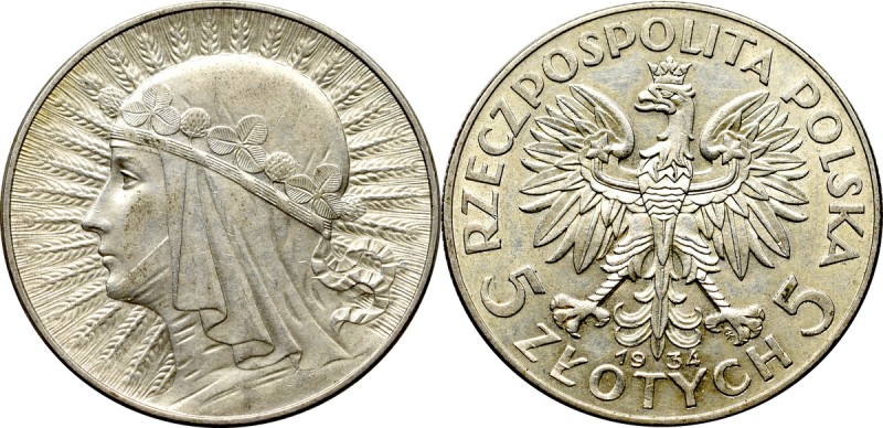 II Republic of Poland, 5 zloty 1934 Polonia Piękny egzemplarz z satynowym, zegar...