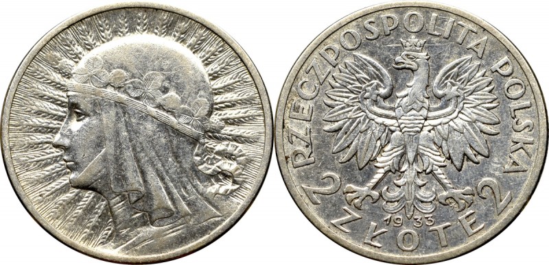 II Republic of Poland, 2 zloty 1933 Polonia Obiegowy egzemplarz z dość ładnie za...