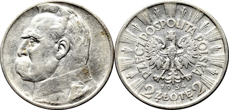 II Republic of Poland, 2 zloty 1934 Pilsudski Przyzwoity egzemplarz z resztkami ...