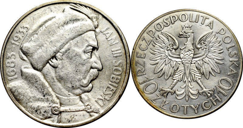 II Republic of Poland, 10 zloty 1933 Sobieski Obiegowy egzemplarz ze śladami sta...
