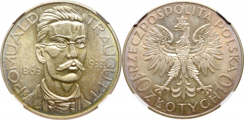 II Republic of Poland, 10 zlotych 1933, Traugutt - NGC MS62 Rzadka pozycja w tym...