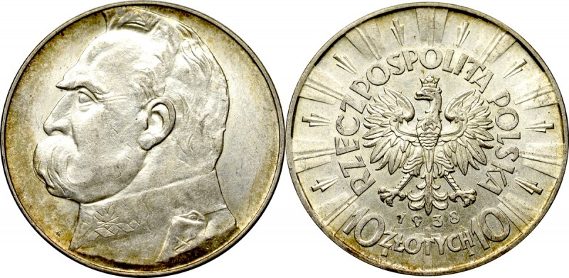 II Republic of Poland, 10 zloty 1938 Pilsudski Piękny egzemplarz z obustronnym, ...