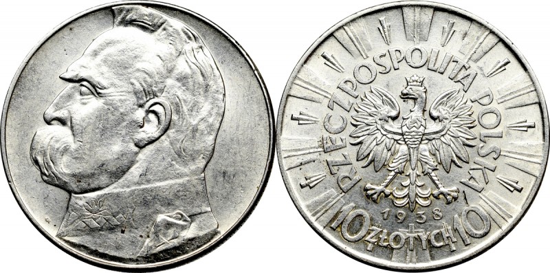 II Republic of Poland, 10 zloty 1938 Pilsudski Ładny egzemplarz z intensywnym po...