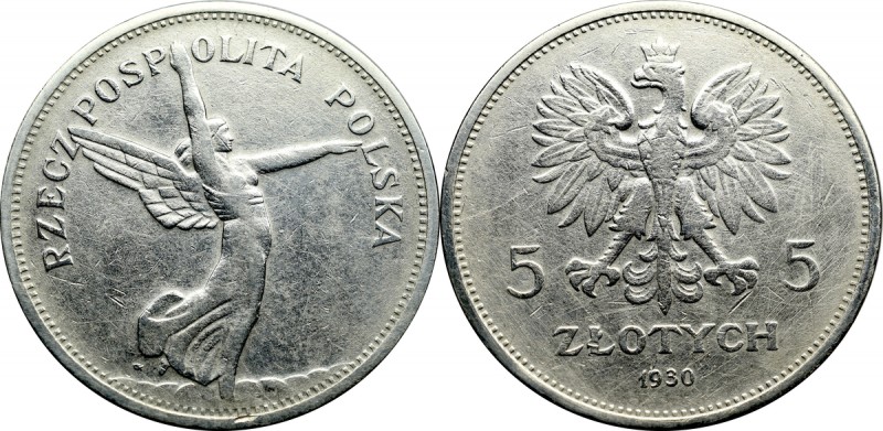 II Republic of Poland, 5 zloty 1930 Nike Rzadki rocznik monety 5 złotowej z wize...