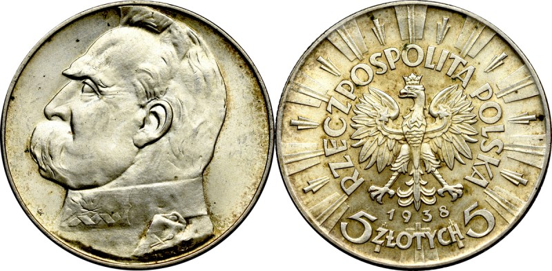 II Republic of Poland, 5 zloty 1938 Pilsudski Pięknie zachowany egzemplarz z obu...