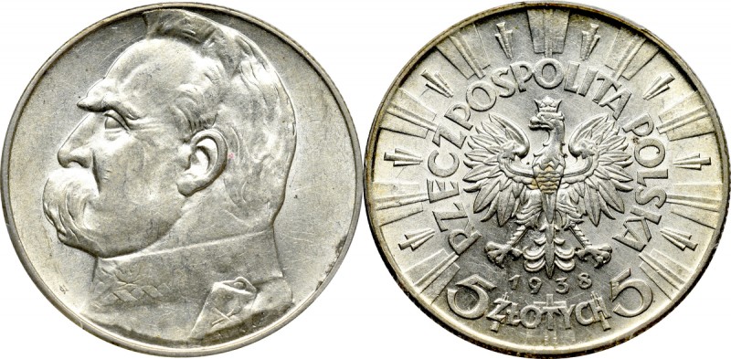 II Republic of Poland, 5 zloty 1938 Pilsudski - PCGS AU58 Piękny egzemplarz ocen...