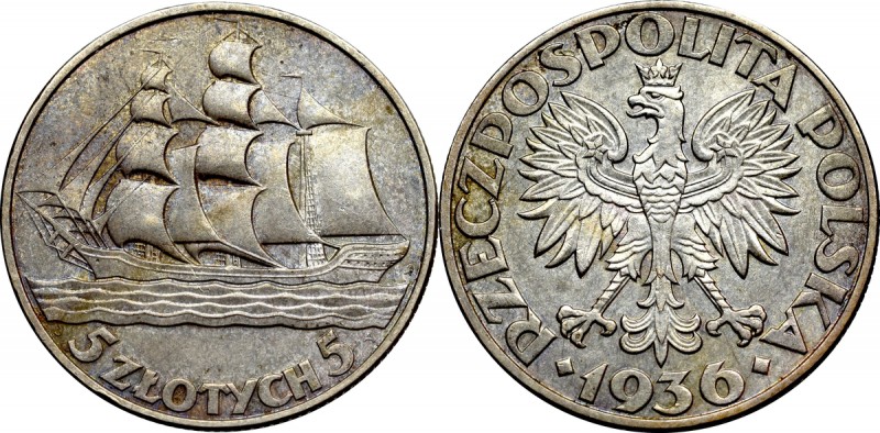 II Republic of Poland, 5 zloty 1936 Ship Piękny egzemplarz z obustronnym połyski...