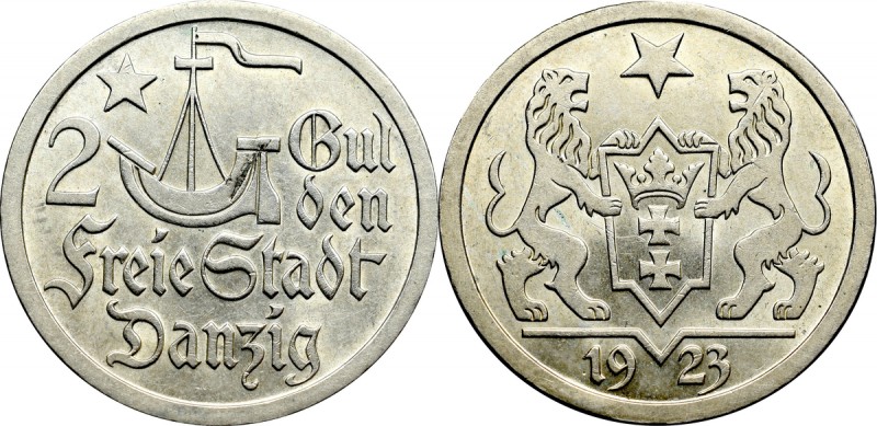 Free City of Danzig, 2 gulden 1923 Rzadka pozycja w tym stanie zachowania.
 Prz...