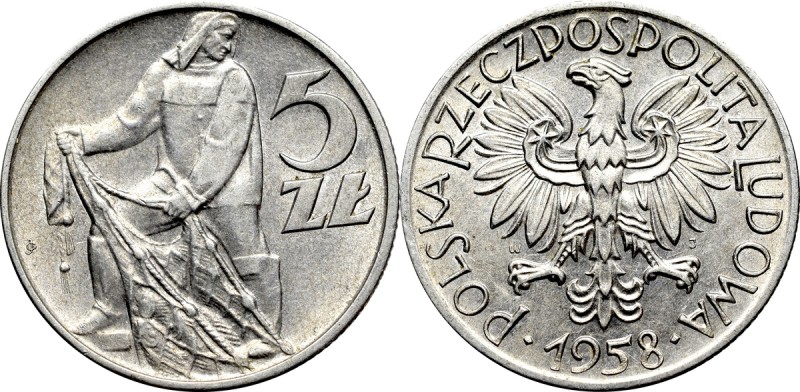 PRL, 5 złotych 1958 Rybak - wąska ósemka Bardzo atrakcyjny okołmenniczy egzempla...