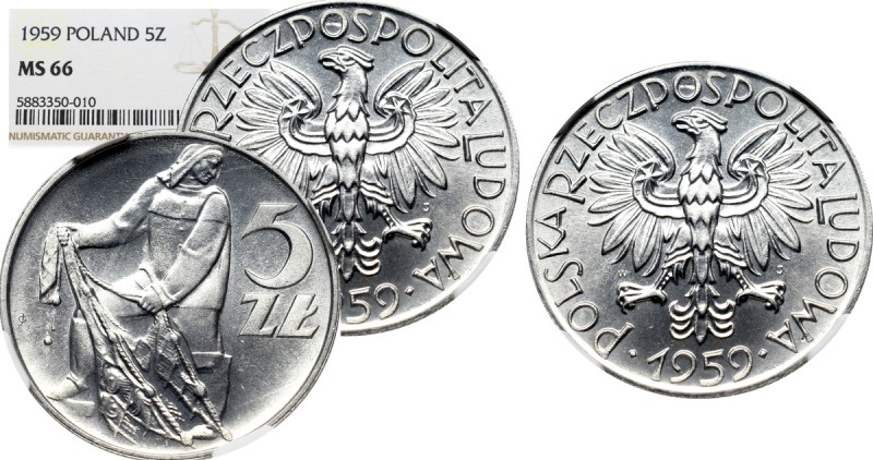 PRL, 5 złotych 1959 - NGC MS66 Bardzo atrakcyjny egzemplarz z mocnym obustronnym...