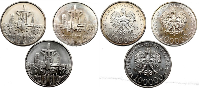 III RP, zestaw 3 x 100.000 złotych 1990 Solidarność Zestaw 3 menniczych monet un...