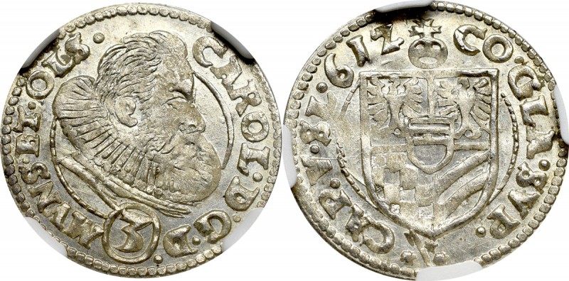 Schlesien, Duchy of Oels, Carl, 3 kreuzer 1615, Oels - NGC MS66 Wyśmienity, okaz...