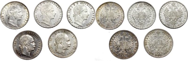 Austria, Franz Joseph, 1 florin 1858-1886 (5 pcs) Zestaw pięciu pięknych monet 1...