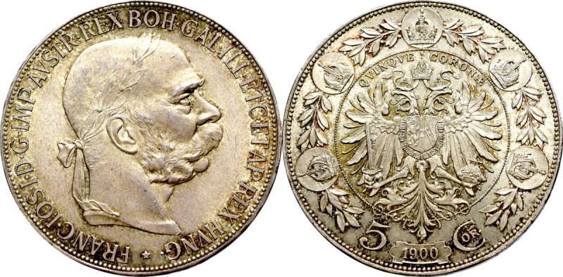 Austria, Franz Joseph, 5 corona 1900 Obverse: Franz Joseph bust (right) with lau...