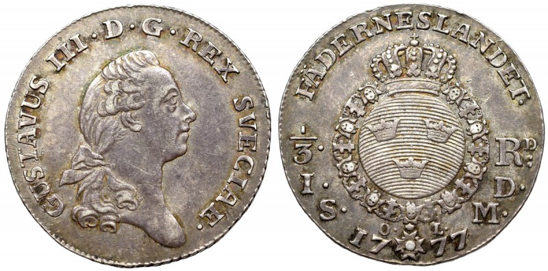 Sweden, Gustav III, 1/3 riksdaler=1 daler 1777, Stockholm Bardzo ładny egzemplar...