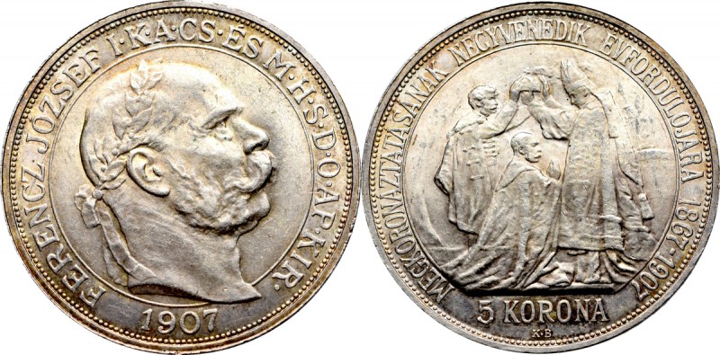 Hungary, Franz Joseph, 5 corona 1907 Piękny egzemplarz węgierskiej emisji kommem...