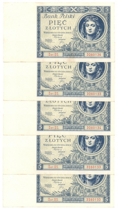 II Rzeczpospolita, 5 złotych 1930 DS - zestaw 5 egzemplarzy, kolejne numery Bard...