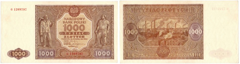 PRL, 1000 złotych 1946 G Atrakcyjny banknot o żywej kolorystyce druku, widoczne ...