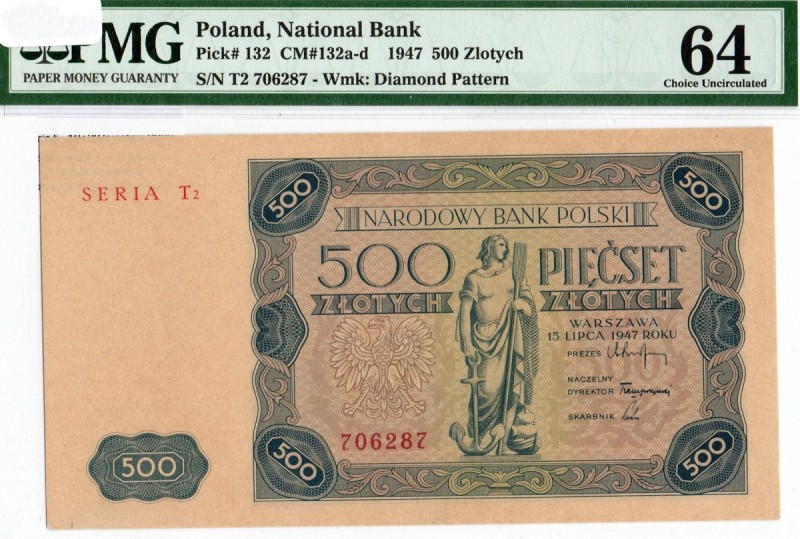 PRL, 500 złotych 1947 T2 - PMG 64 Bardzo dobrze zachowany banknot, o idealnej, ż...