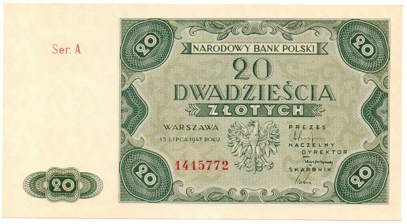 PRL, 20 złotych 1947 A Doskonale zachowany banknot o idealnej żywej kolorystyce ...